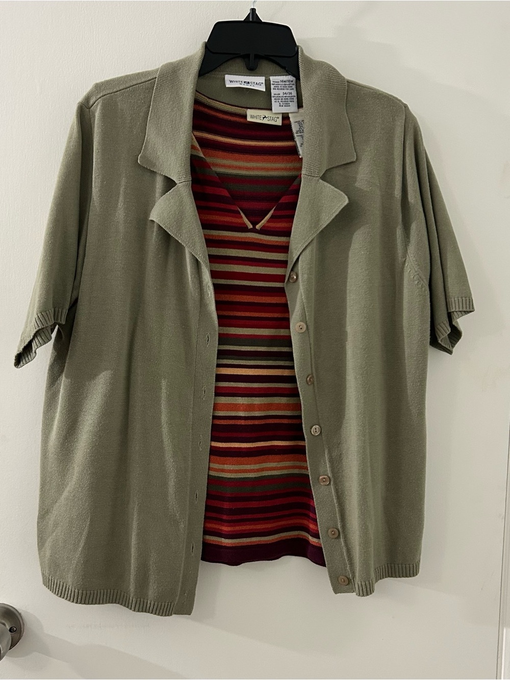 White Stag Olive Short-Sleeve Button cardigan with Striped tank size 14